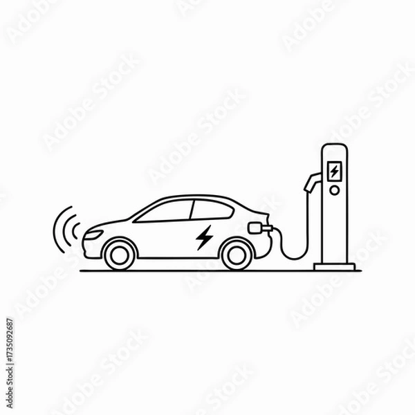 Fototapeta Outline Vector Icon of an Electric Vehicle Charging at a Public Station with Wireless Signals