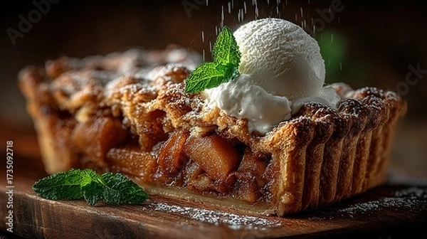 Fototapeta Slice of apple pie with ice cream and mint on a wooden board.