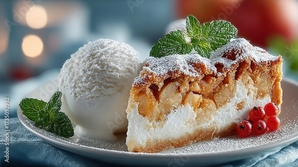 Fototapeta Slice of apple pie with ice cream and mint on a plate.