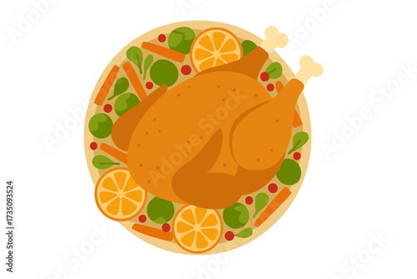 Fototapeta Roasted Thanksgiving or Christmas turkey on a platter with vegetables. Top down view flat vector illustration of holiday dinner food. Baked chicken with carrots and oranges.