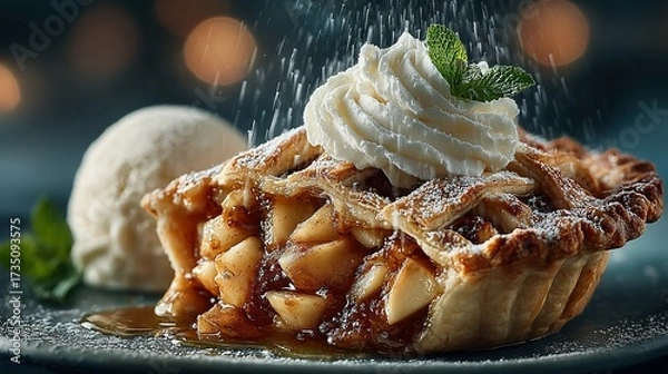 Fototapeta Apple pie slice with ice cream and whipped cream being dusted with sugar.