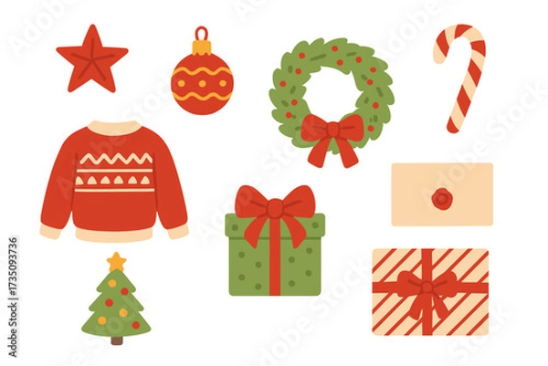 Obraz Christmas icon set with ugly sweater, gift box, wreath, tree, candy cane. Winter holiday decoration elements. Cute flat vector illustration collection isolated on white background.