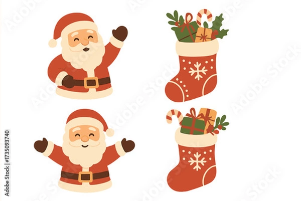 Fototapeta Cute Santa Claus character collection. Christmas vector set with festive xmas stocking full of gifts. Holiday icons for winter celebration. Flat cartoon illustration for design.