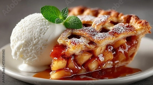 Fototapeta Slice of apple pie with ice cream and mint on a white plate.