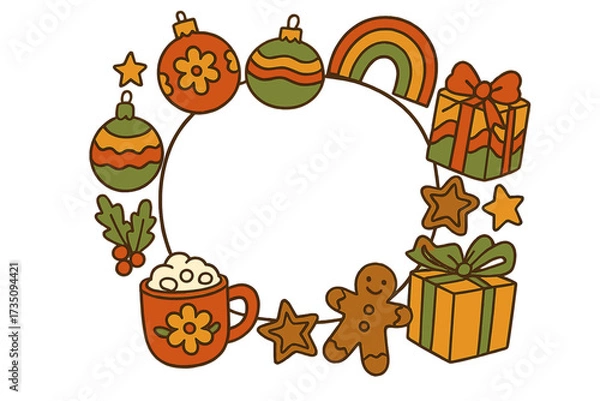 Fototapeta Round frame for Christmas ads. Groovy 70s retro holiday vector elements. Copy space card with baubles, hot cocoa, gingerbread man, gifts, rainbow, cookies. Festive design.