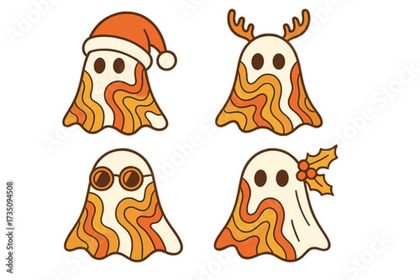 Obraz Set of retro 70s groovy Christmas ghosts. Cute hippie spook characters with Santa hat, antlers and holly. Psychedelic Xmas vector illustration for T-shirt design.