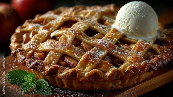 Fototapeta Apple pie with lattice crust and ice cream scoop on a wooden surface.