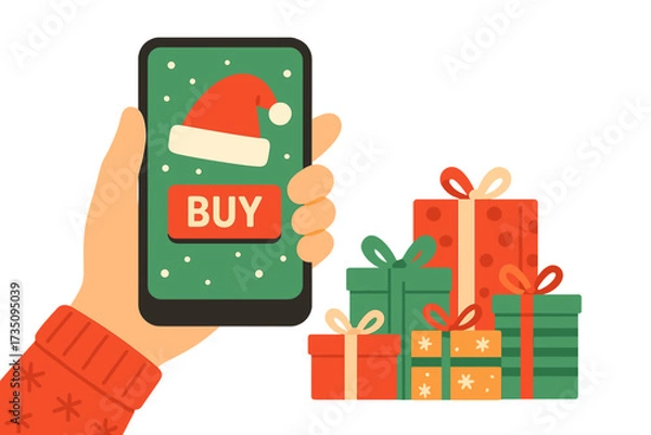 Fototapeta Christmas online shopping concept. Hand holding phone with mobile store app. Buy button on screen for holiday gift purchase. Xmas sale and e-commerce vector illustration.