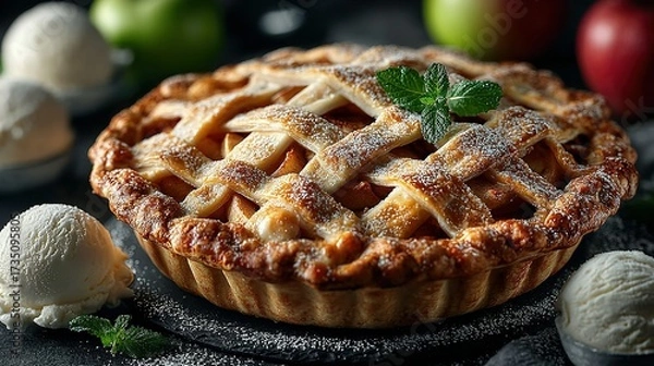 Fototapeta Apple pie with lattice crust and apples and ice cream in background.
