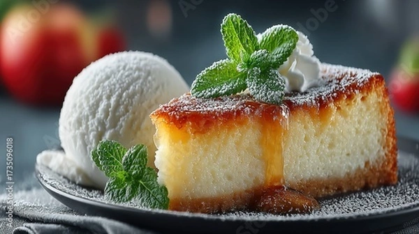 Fototapeta Cheesecake slice with ice cream mint and apple on a plate.