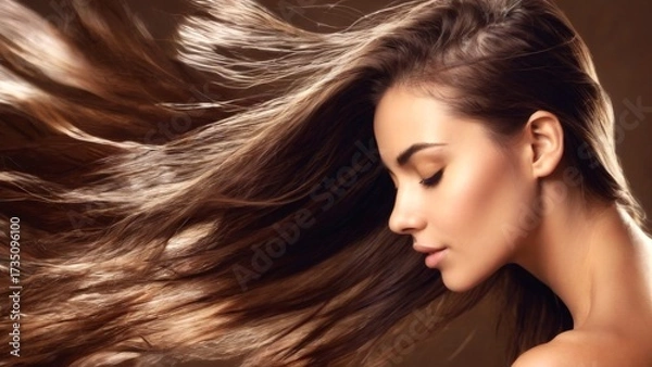 Fototapeta CloseUp Portrait of Young Woman with Flowing Brown Hair in Dramatic Wind, Eyes Closed, Serene Expression, Soft Background.