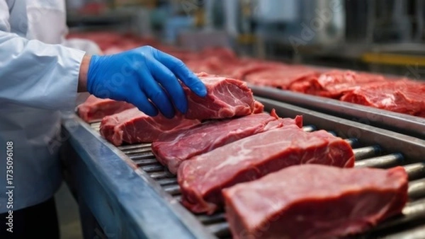 Fototapeta Person's Hand in Blue Glove Holding Raw Meat on Conveyor Belt in Meat Processing Plant. Large Beef/Pork Piece.