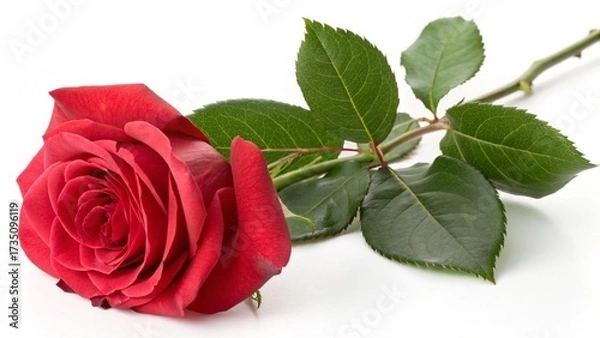 Obraz Single red rose flower with green leaf on a white background for love and valentine romance