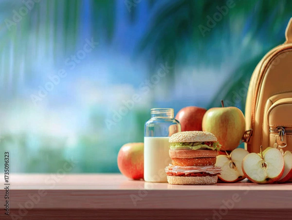 Fototapeta Lunchtime Essentials: A still-life captures the essence of a balanced midday meal, presenting a nutritious sandwich alongside fresh apples, creamy milk, and a smart backpack.