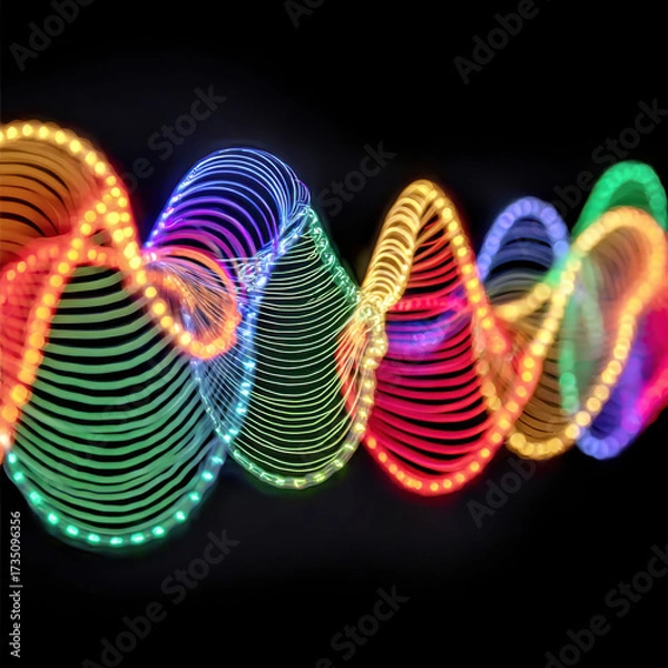 Fototapeta Vibrant Light Waves: A mesmerizing display of colored LED lights undulate in a dynamic wave pattern against a dark backdrop, creating a captivating visual symphony of energy and flow.