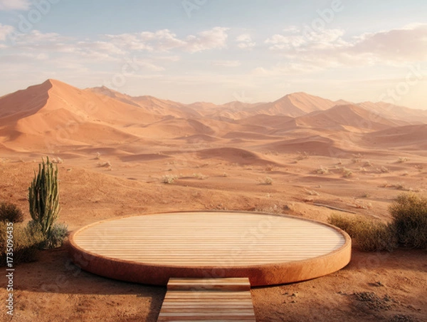 Fototapeta Desert Stage: A minimalist wooden stage, seamlessly merging with the captivating landscape of a sun-drenched desert, inviting contemplation and product showcasing.
