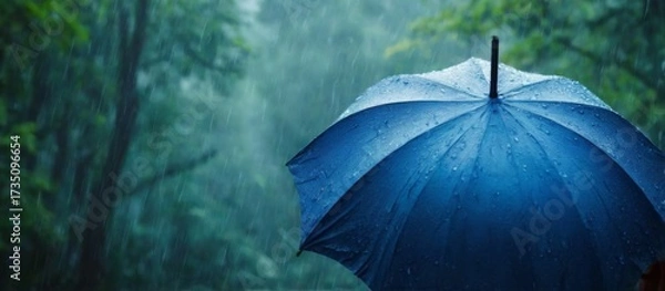 Fototapeta Peaceful Rainy Day: Person Holding Blue Umbrella in Wooded Area with Raindrops Falling, Serene Atmosphere and Blurred Background.