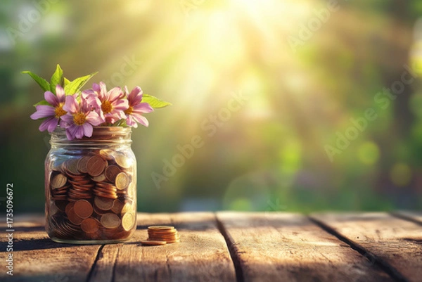 Fototapeta Financial Blossom: A glass jar brimming with coins, topped with delicate flowers, rests on a weathered wooden surface, with the sun's rays adding a touch of warmth and prosperity.