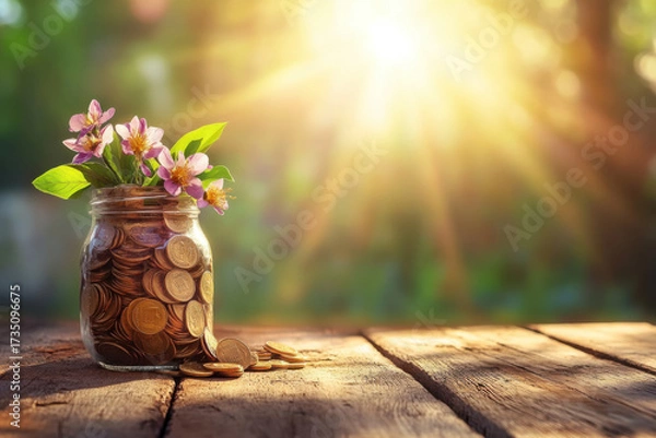 Fototapeta Blossoming Investment Jar: A symbolic representation of financial growth and prosperity, this image showcases a glass jar overflowing with coins.