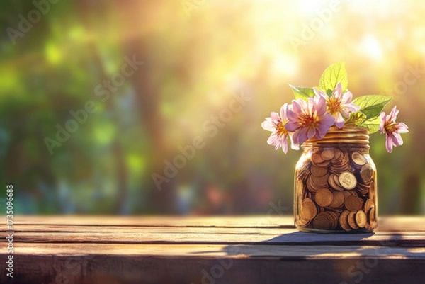 Fototapeta Blooming Investment: A transparent glass jar brimming with gleaming coins, adorned with delicate pink flowers, rests on a rustic wooden surface, all bathed in the warm embrace of soft sunlight.