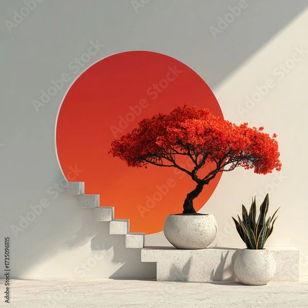 Fototapeta Zen Harmony: A meticulously composed image featuring a solitary Bonsai tree with vibrant red foliage, meticulously placed amidst minimalist architecture, set against a bold circular backdrop.