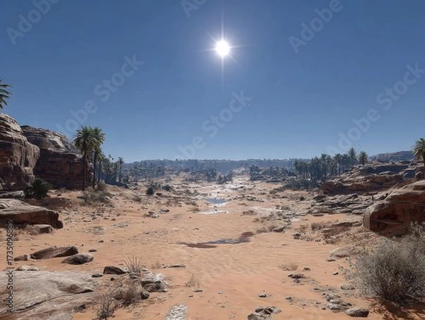 Fototapeta Desert Oasis Under the Sun: The endless vast of the desert stretches out towards a distant oasis under the scorching sun.