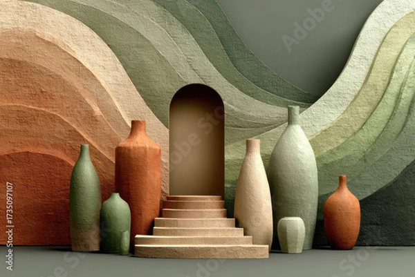 Fototapeta Abstract ceramic vessels : The artistic and aesthetically pleasing still life features a variety of abstract ceramic vessels. The different shapes and sizes.