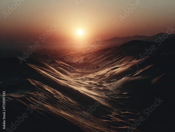 Fototapeta Desert Sunset: A breathtaking view of a vast desert landscape bathed in the warm hues of a setting sun, painting the sand dunes with golden light.