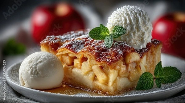 Fototapeta Apple pie slice with ice cream and mint garnish on a plate.