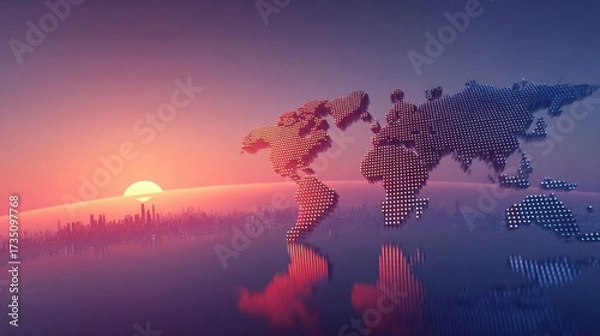 Fototapeta Global Horizon: A captivating world map sculpture bathed in the radiant hues of a vibrant sunrise, representing a world united under the promise of a new dawn.