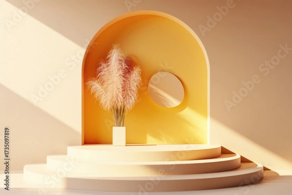 Fototapeta Minimalist Stage with Plant Decor: a sophisticated and calming visual, soft light creates a serene atmosphere.