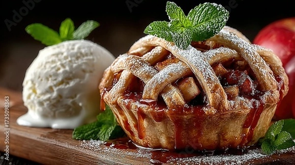 Fototapeta Small apple pie with ice cream and mint on a wooden board.