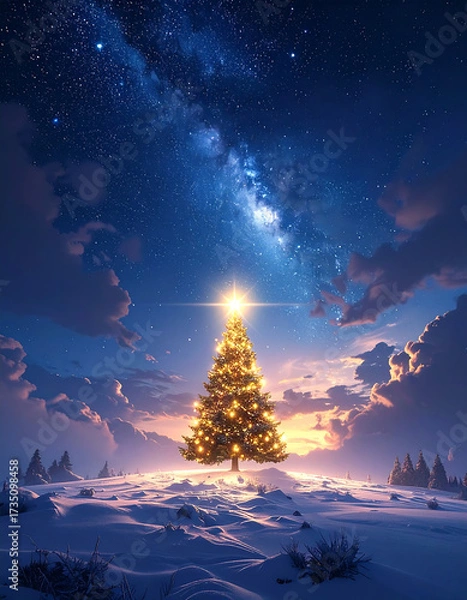 Fototapeta Magical Christmas Tree Under Starry Night Sky.