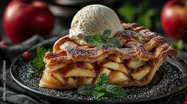 Fototapeta Slice of apple pie topped with ice cream and mint on a plate.