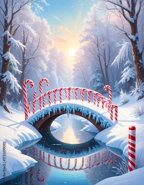 Fototapeta Whimsical Winter Wonderland Bridge Decorated with Candy Canes.
