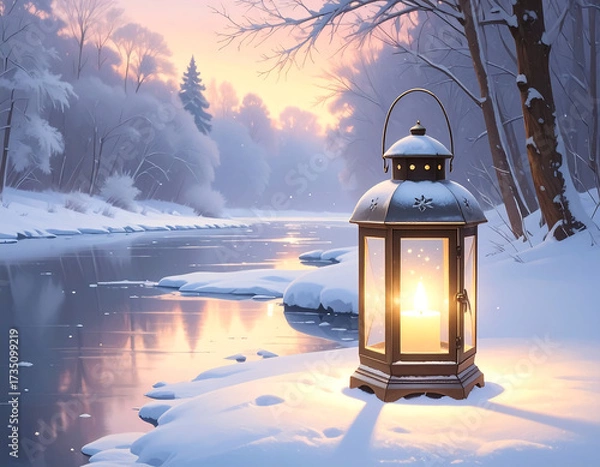 Fototapeta A glowing lantern sits on a snowy riverbank in a winter forest at sunset.