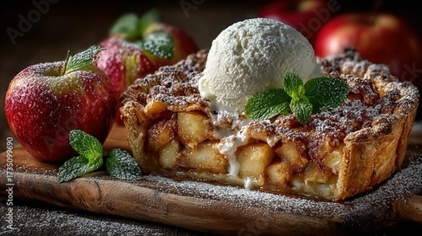 Fototapeta Apple pie with ice cream scoop on wooden board next to red apples.