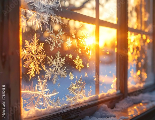 Fototapeta Snowflakes on a window with sunrise light.