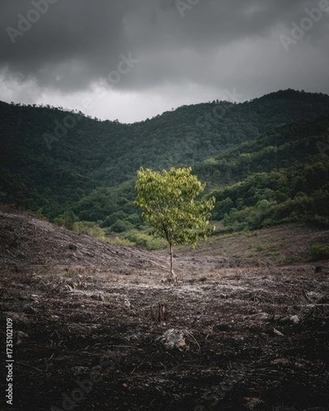 Obraz Lonely Tree Amidst Mountains Under Cloudy Sky