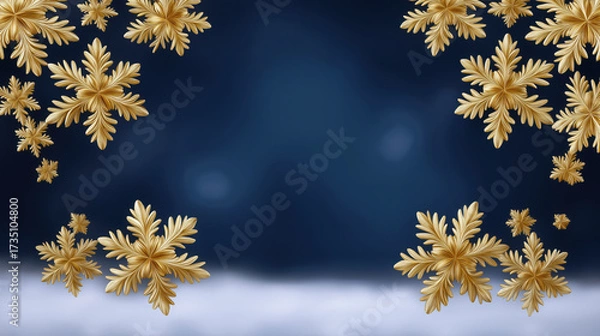 Fototapeta Golden snowflakes winter background festive elegant decorative blue celebration holiday luxury create beautiful and joyful seasonal atmosphere with gold snowflake patterns on dark blue backdrop