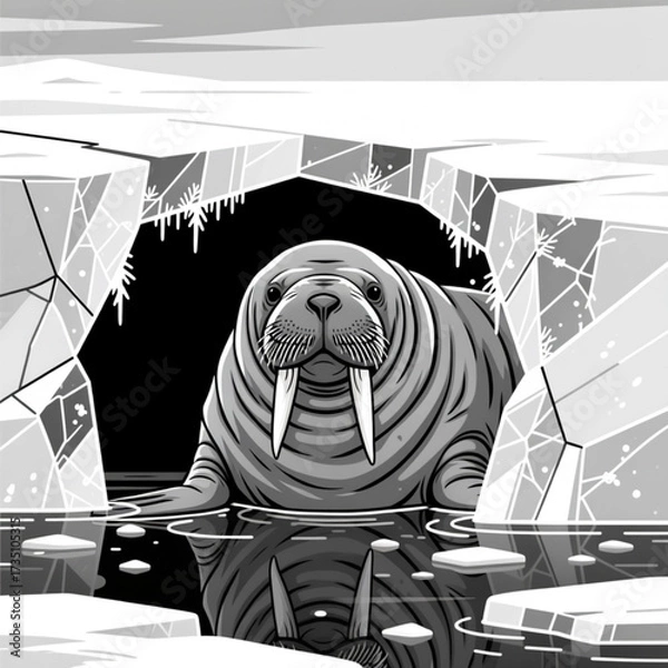 Fototapeta Walrus emerging from icy water with calm expression in monochrome background