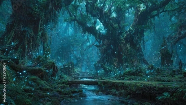 Obraz Lush, glowing forest with a stream.