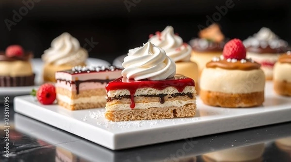 Fototapeta Delectable Pastry Assortment: A tempting array of handcrafted pastries, each a miniature work of art with layers of flavors and textures, arranged beautifully on a platter, ready to tantalize.