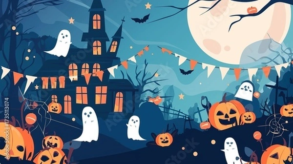 Fototapeta Vector flat design of a Halloween party background, featuring cute ghosts, pumpkins, and stars, with a large blank central area left for text, in a style similar to a fun children's picture book.