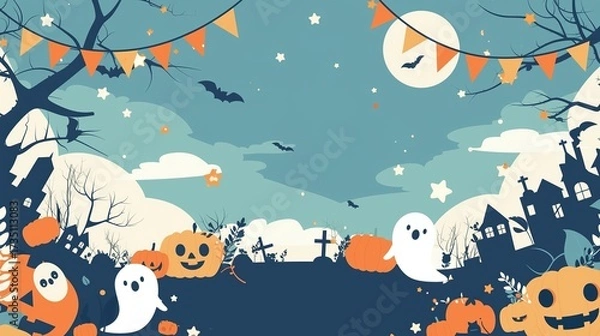Fototapeta Vector flat design of a Halloween party background, featuring cute ghosts, pumpkins, and stars, with a large blank central area left for text, in a style similar to a fun children's picture book.