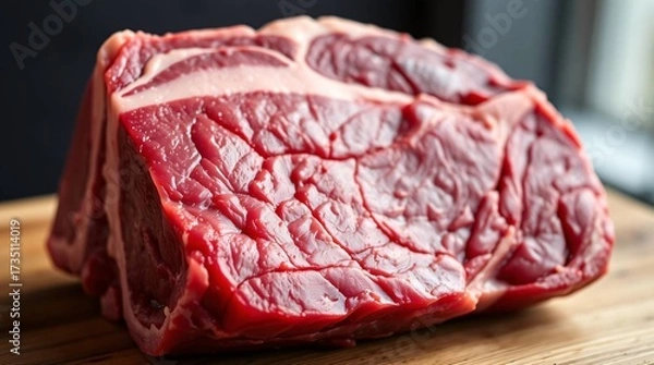 Fototapeta Fresh Beef Chuck on Board: A detailed close-up showcases the rich textures and vibrant color of a raw beef chuck, artfully presented on a wooden cutting board, emphasizing its freshness and quality.