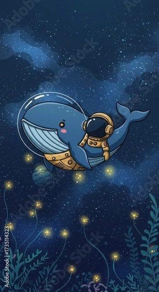 Fototapeta A whimsical illustration depicts an astronaut riding a friendly whale through a starry night sky, surrounded by glowing, whimsical flora, creating a dreamlike and fantastical atmosphere.