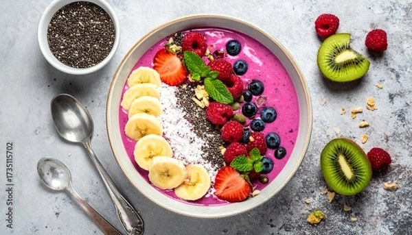 Obraz Healthy Smoothie Bowl Flat Lay with Fresh Fruits