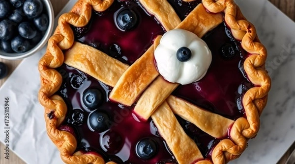 Fototapeta Delectable Blueberry Pie: An inviting top-down shot of a homemade blueberry pie, displaying a lattice crust, plump berries, and a dollop of fresh cream, capturing the essence of a delicious treat.