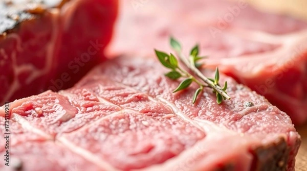 Fototapeta Raw Steak Delight: A mouthwatering close-up of prime, raw steak, showcasing its rich color and texture, expertly garnished with a sprig of fresh thyme. A culinary inspiration for food lovers.